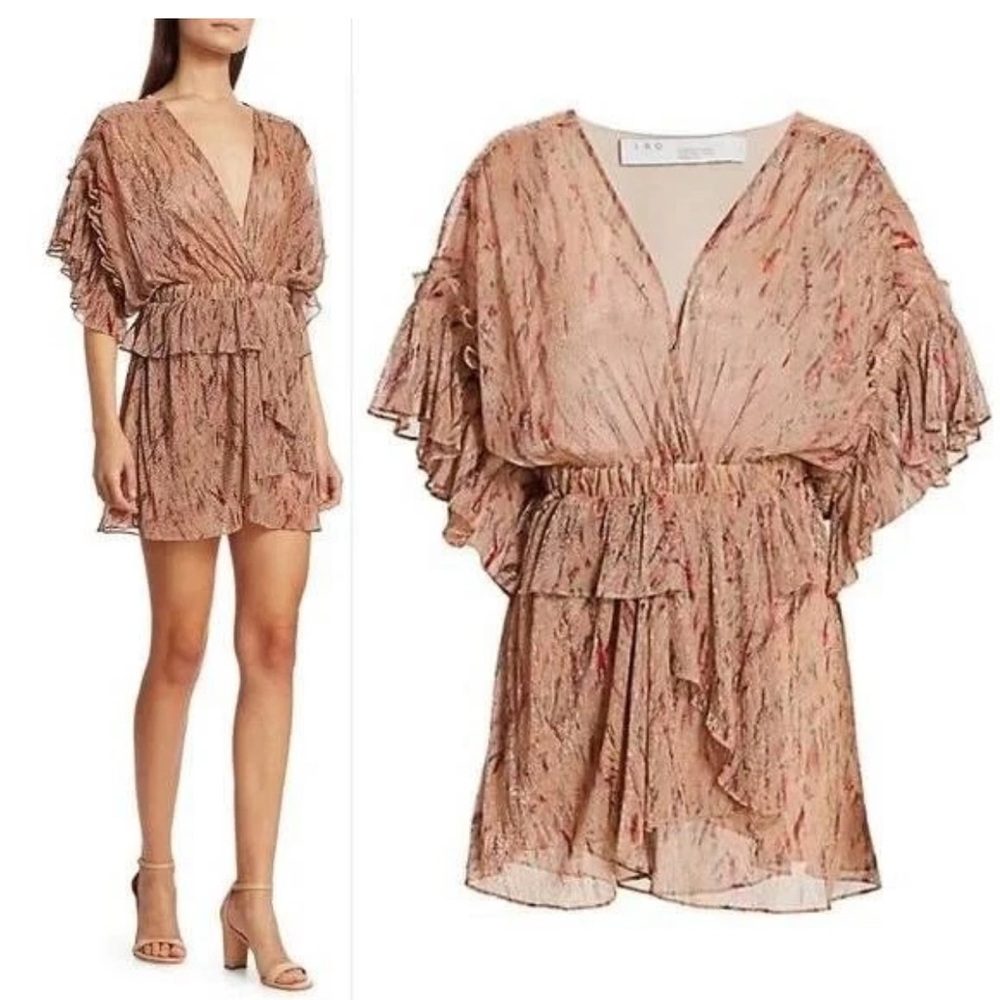 Iro 'Buoux' Pink Metallic Print Ruffle Flutter Sleeve V-Neck Mini Party Dress